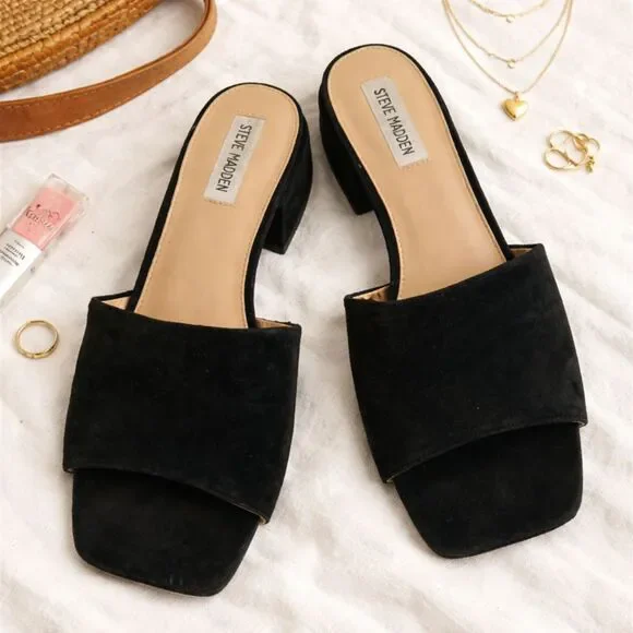 Steve Madden, Square Toe, Black Slip On Suede Block Kitten Heels, sz 10, Chic - Picture 1 of 5